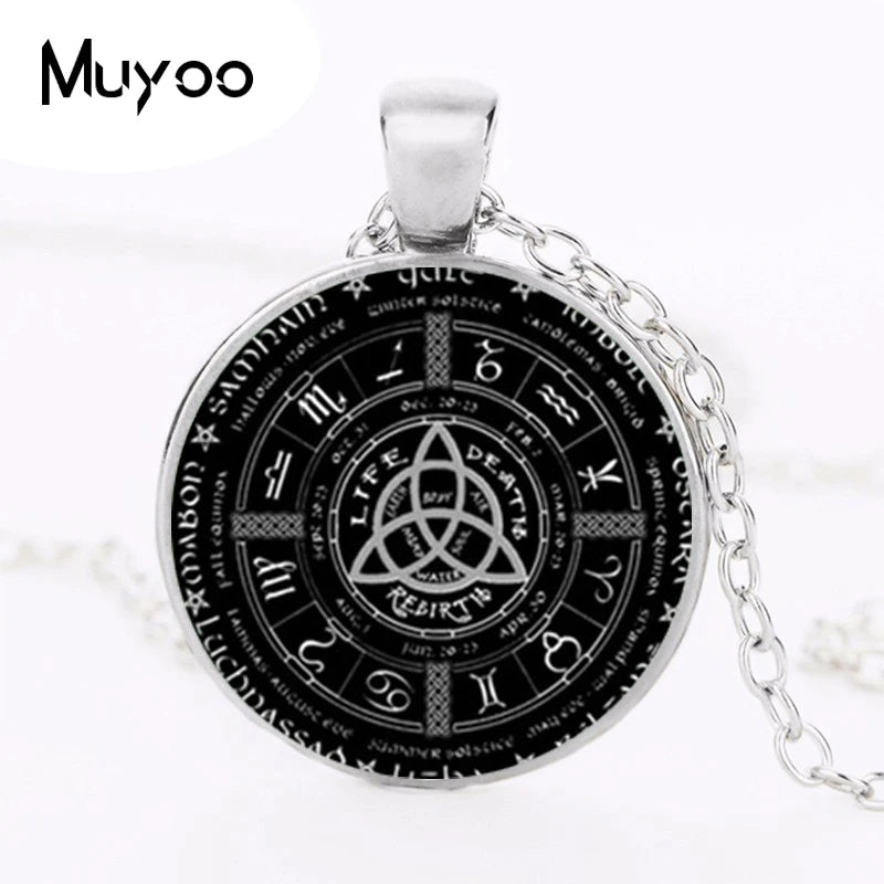 2017 New Pagan Wheel Of The Year Necklaces Pentagram Pendant Round Photo Wiccan Jewelry Glass Cabochon Necklace Link Chain HZ1