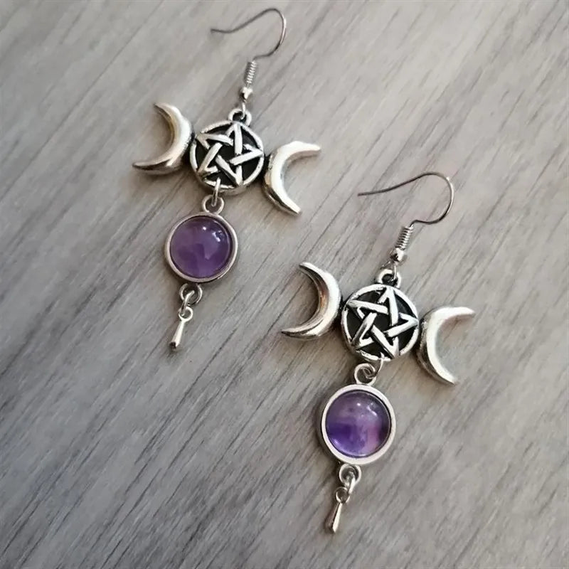 Pentagram Crescent Moon Rose Stone Earrings Natural Stone Wicca Witchy Creative Gorgeous Wedding Pagan Gothic Women Gift Fashion