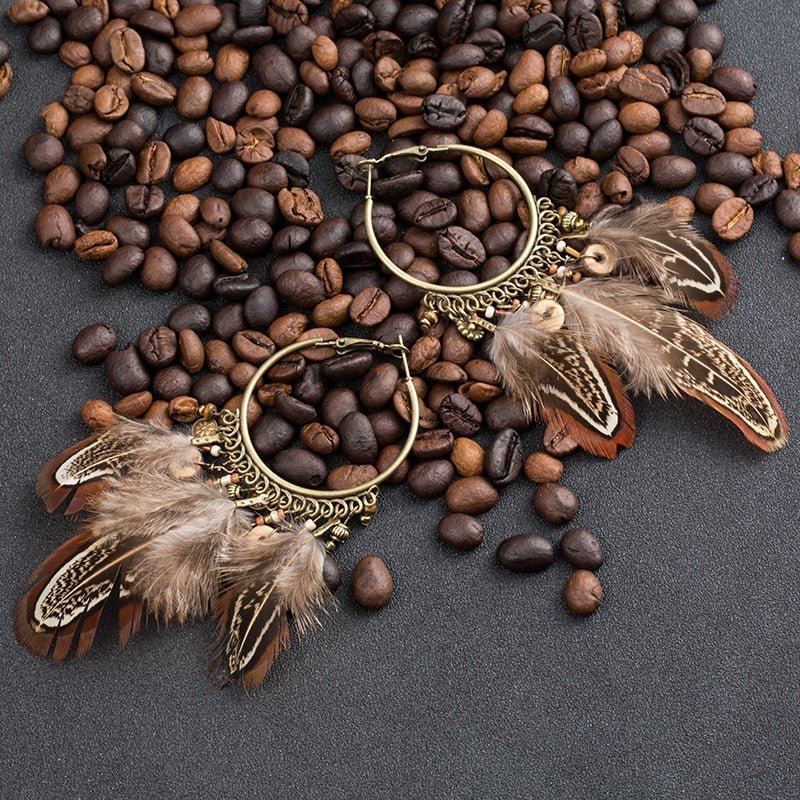 Brown Feather Tassel Pendant Earrings - Elementsofthewitch