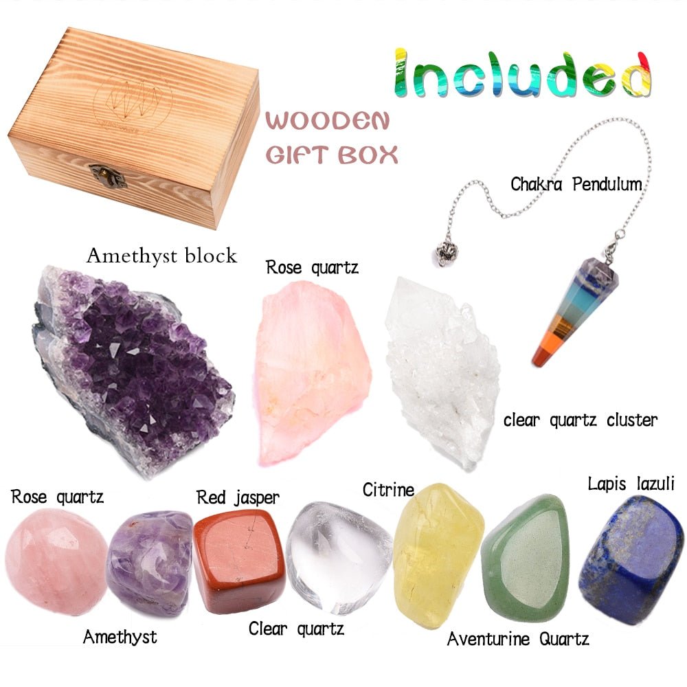 11pc Healing Stones Wooden Gift Set - Elementsofthewitch
