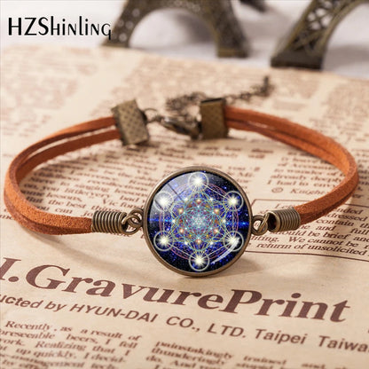 2020 Metatron Cube Pendant Bracelet Sacred Geometry Flower of Life Jewelry Chakra Spiritual Leather Bracelet Glass Dome Jewelry