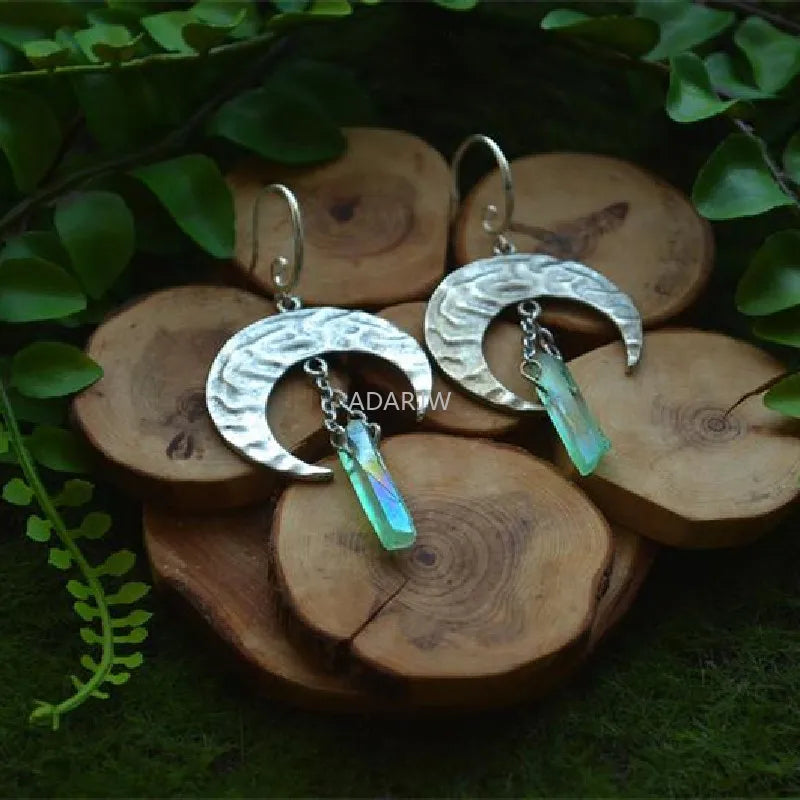 Witch Raw Crystal with Moon and Stars Earrings Witchy Dangle Jewelry Celestial with Healing Quartz Bohemia Jewelry Women Gift