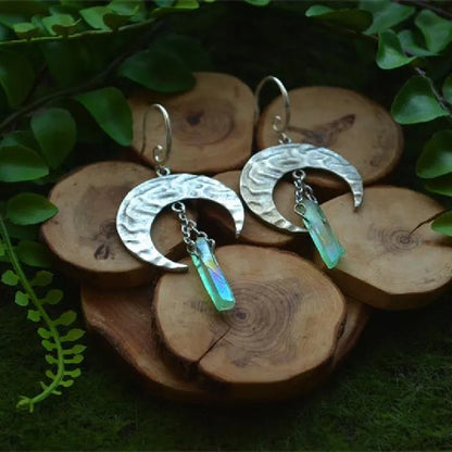 Witch Raw Crystal with Moon and Stars Earrings Witchy Dangle Jewelry Celestial with Healing Quartz Bohemia Jewelry Women Gift