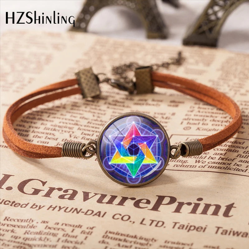2020 Metatron Cube Pendant Bracelet Sacred Geometry Flower of Life Jewelry Chakra Spiritual Leather Bracelet Glass Dome Jewelry