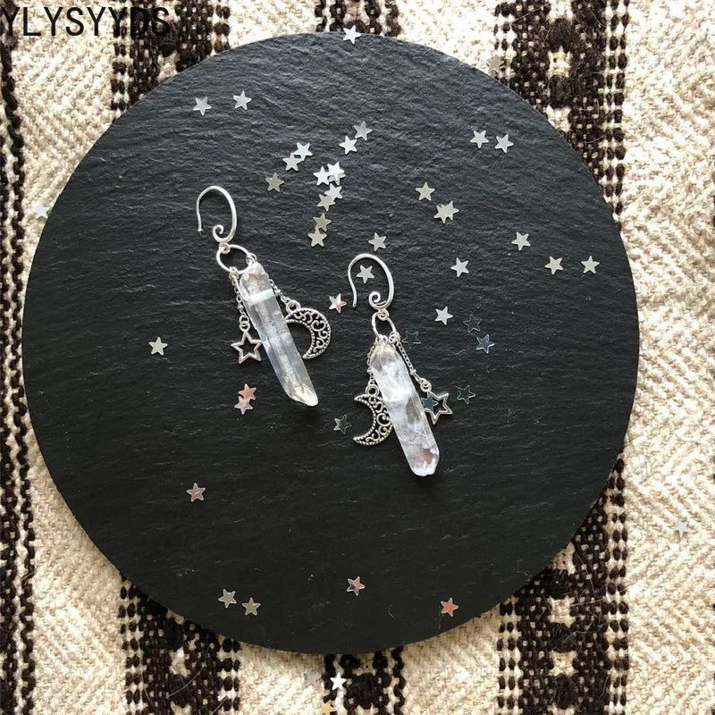Witch Raw Crystal with Moon and Stars Earrings Witchy Dangle Jewelry Celestial with Healing Quartz Bohemia Jewelry Women Gift