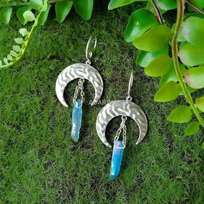Witch Raw Crystal with Moon and Stars Earrings Witchy Dangle Jewelry Celestial with Healing Quartz Bohemia Jewelry Women Gift