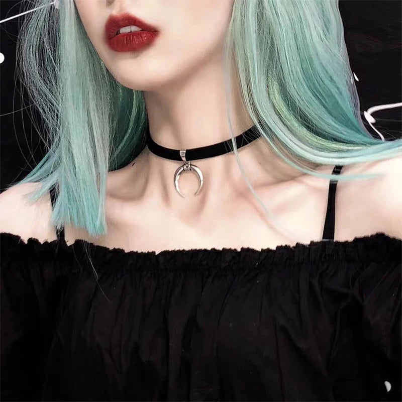 Double Layers Black Choker Necklace Crescent Pendant Statement Gothic Witchy Halfmoon Luna Women Neck Jewelry Gift