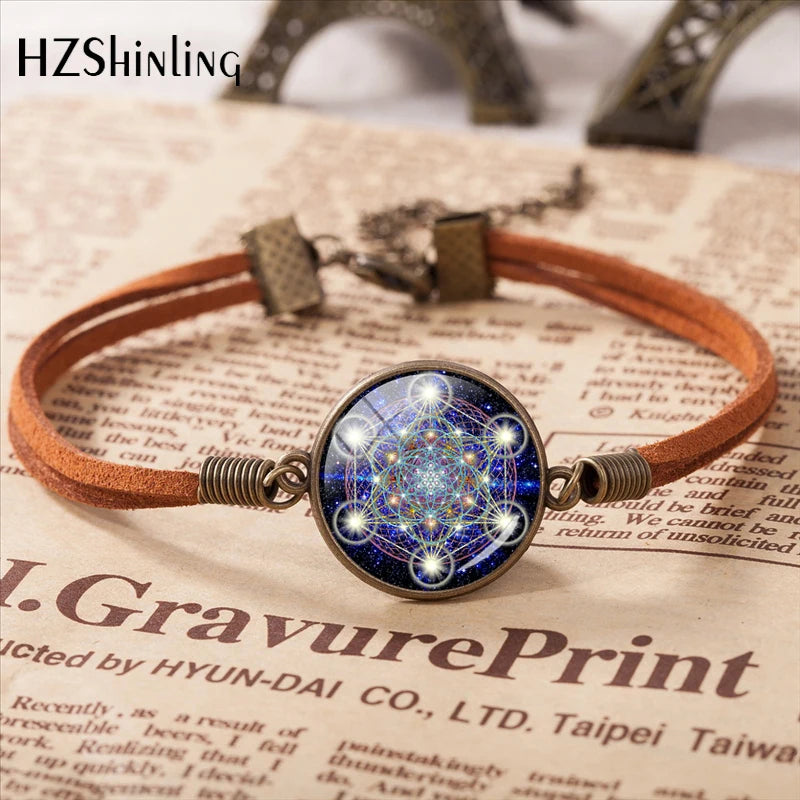 2020 Metatron Cube Pendant Bracelet Sacred Geometry Flower of Life Jewelry Chakra Spiritual Leather Bracelet Glass Dome Jewelry