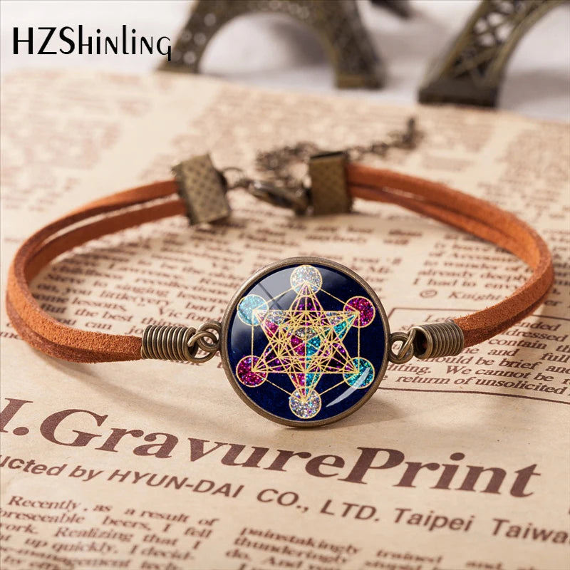 2020 Metatron Cube Pendant Bracelet Sacred Geometry Flower of Life Jewelry Chakra Spiritual Leather Bracelet Glass Dome Jewelry