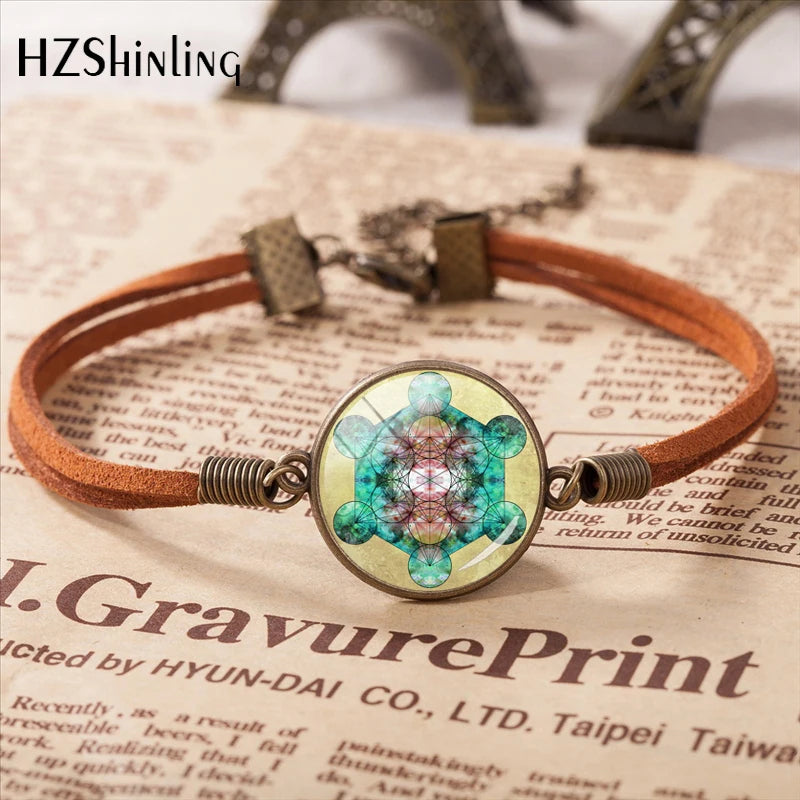 2020 Metatron Cube Pendant Bracelet Sacred Geometry Flower of Life Jewelry Chakra Spiritual Leather Bracelet Glass Dome Jewelry