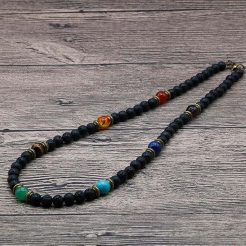 Classic Chakra Necklace Men Natural Lava Stone Collar Tribal Spiritual Colliers Punk Short Choker Erkek Kolye Boyfriend Gift