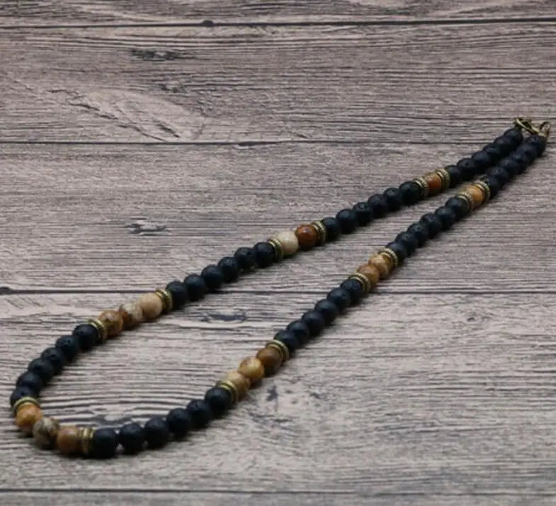 Classic Chakra Necklace Men Natural Lava Stone Collar Tribal Spiritual Colliers Punk Short Choker Erkek Kolye Boyfriend Gift