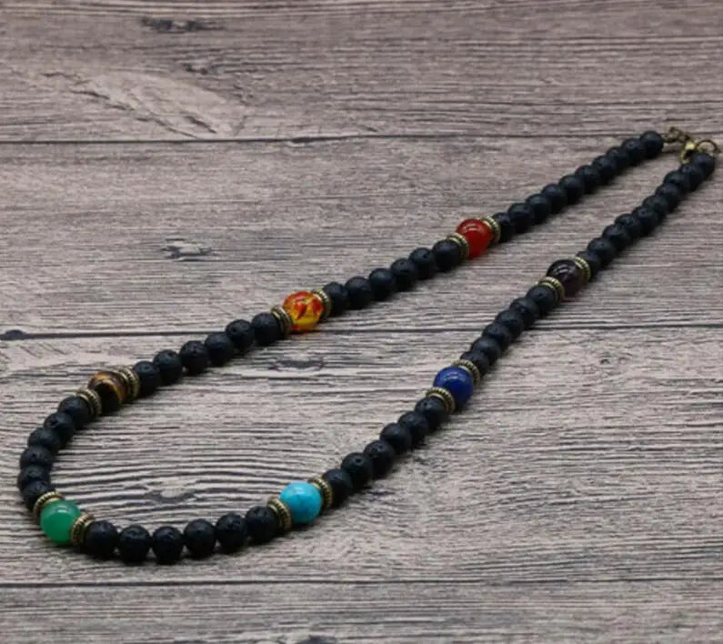 Classic Chakra Necklace Men Natural Lava Stone Collar Tribal Spiritual Colliers Punk Short Choker Erkek Kolye Boyfriend Gift