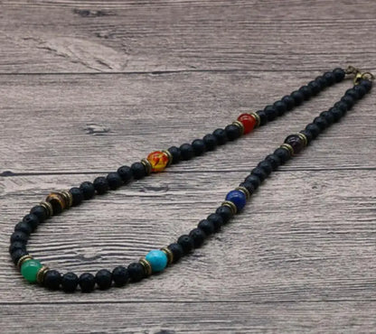 Classic Chakra Necklace Men Natural Lava Stone Collar Tribal Spiritual Colliers Punk Short Choker Erkek Kolye Boyfriend Gift