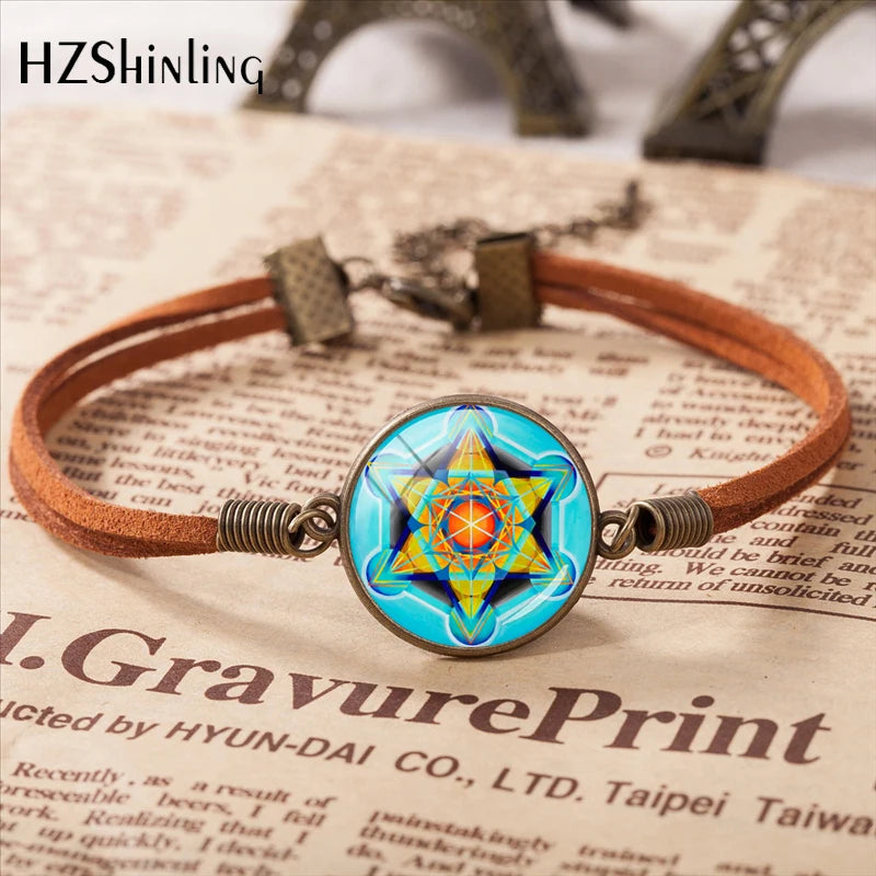 2020 Metatron Cube Pendant Bracelet Sacred Geometry Flower of Life Jewelry Chakra Spiritual Leather Bracelet Glass Dome Jewelry