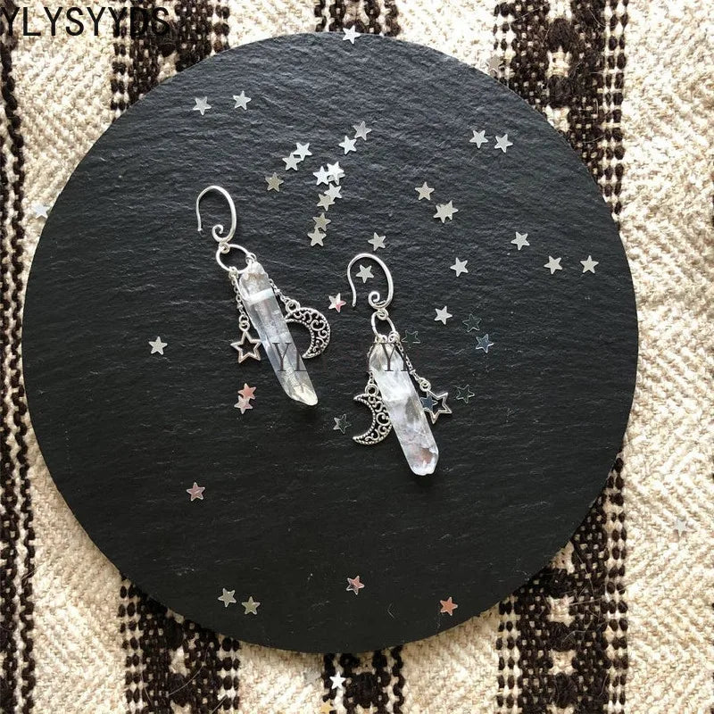 Witch Raw Crystal with Moon and Stars Earrings Witchy Dangle Jewelry Celestial with Healing Quartz Bohemia Jewelry Women Gift