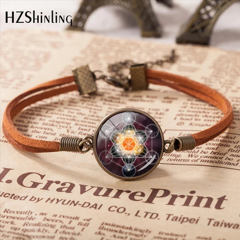 2020 Metatron Cube Pendant Bracelet Sacred Geometry Flower of Life Jewelry Chakra Spiritual Leather Bracelet Glass Dome Jewelry