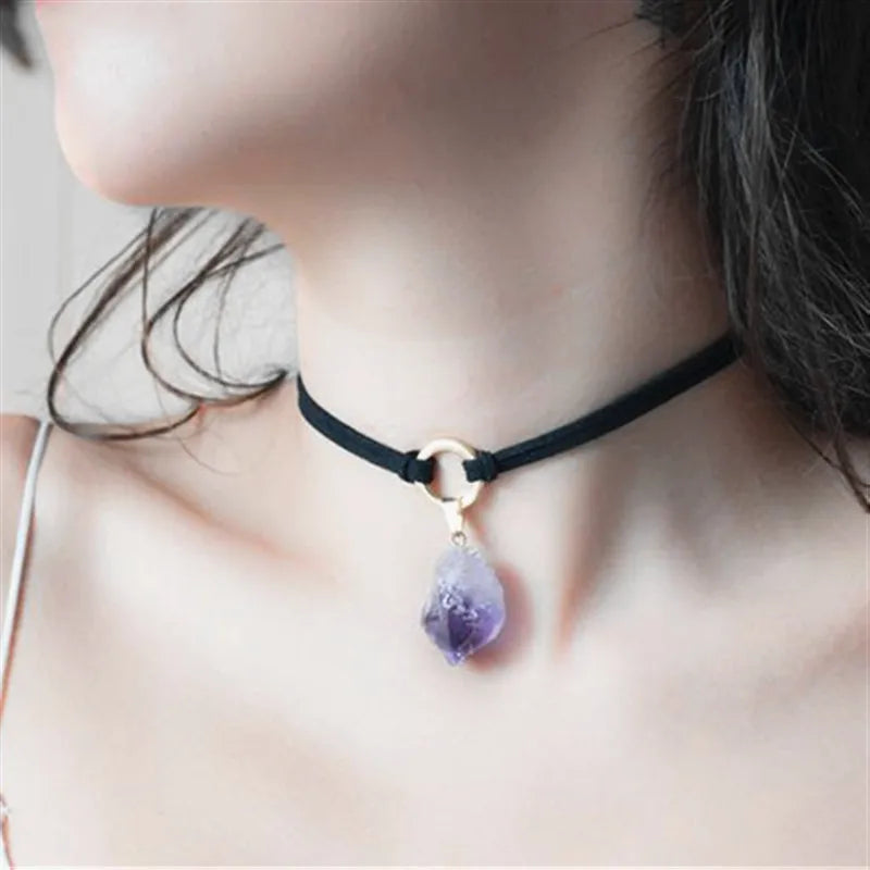 New Purple Crystal Choker Necklace Creative Witchy Jewelry Raw Stone Pendant Black Layering Boho Style Fashion Charm Gifts 2021