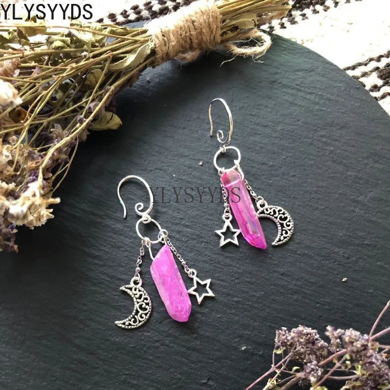Witch Raw Crystal with Moon and Stars Earrings Witchy Dangle Jewelry Celestial with Healing Quartz Bohemia Jewelry Women Gift