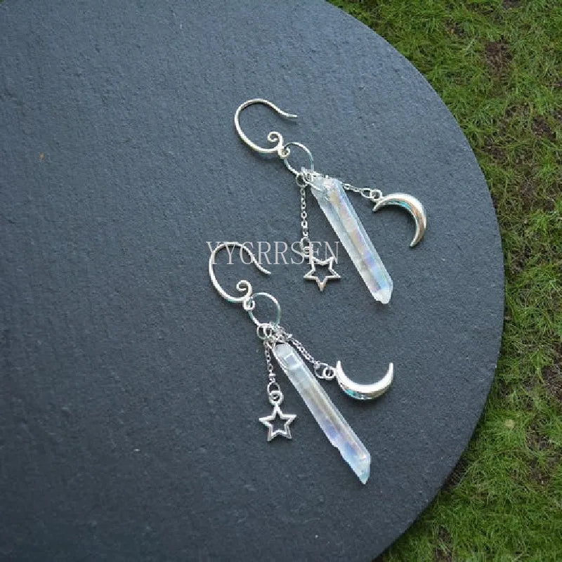 Witch Raw Crystal with Moon and Stars Earrings Witchy Dangle Jewelry Celestial with Healing Quartz Bohemia Jewelry Women Gift