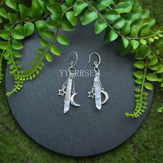 Witch Raw Crystal with Moon and Stars Earrings Witchy Dangle Jewelry Celestial with Healing Quartz Bohemia Jewelry Women Gift