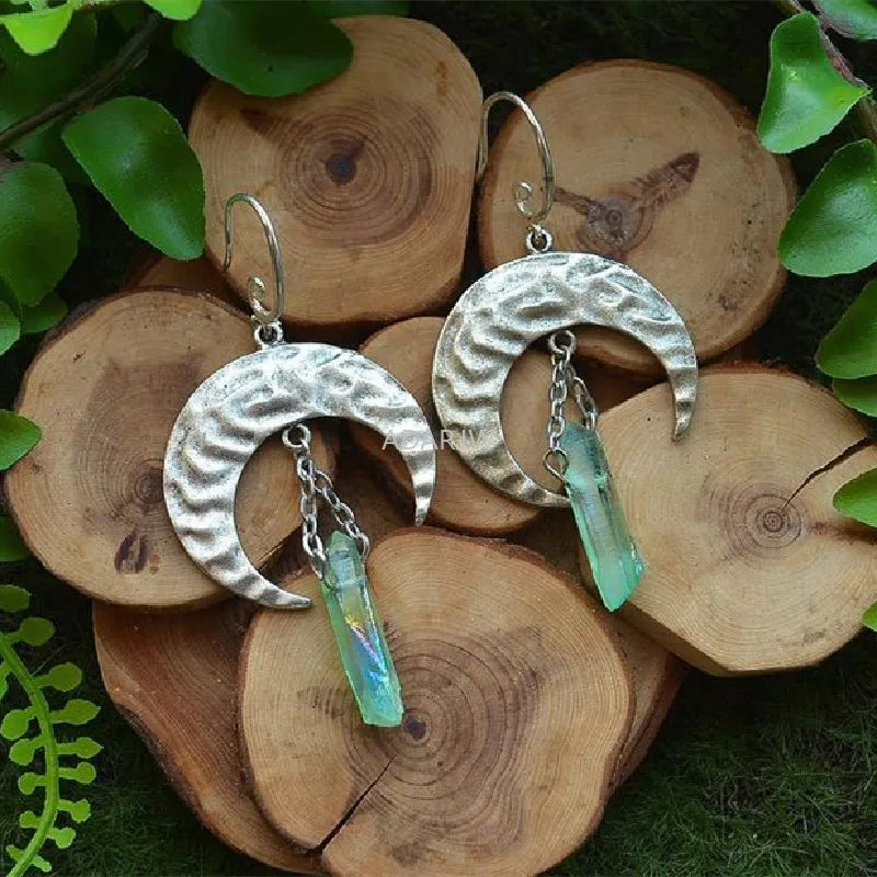 Witch Raw Crystal with Moon and Stars Earrings Witchy Dangle Jewelry Celestial with Healing Quartz Bohemia Jewelry Women Gift