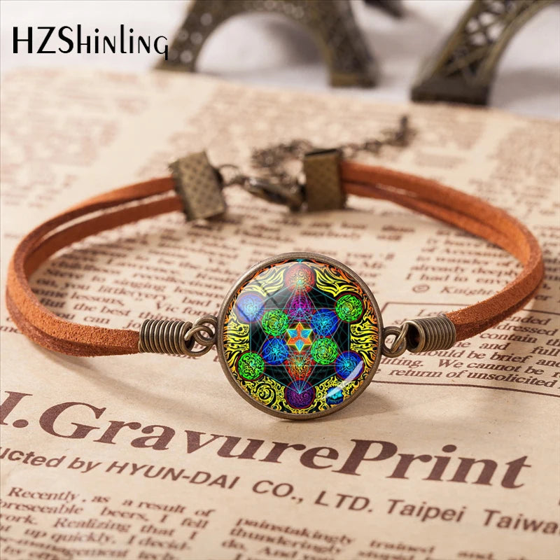 2020 Metatron Cube Pendant Bracelet Sacred Geometry Flower of Life Jewelry Chakra Spiritual Leather Bracelet Glass Dome Jewelry