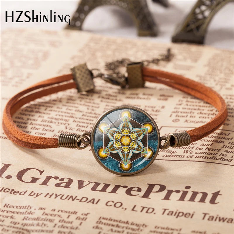 2020 Metatron Cube Pendant Bracelet Sacred Geometry Flower of Life Jewelry Chakra Spiritual Leather Bracelet Glass Dome Jewelry