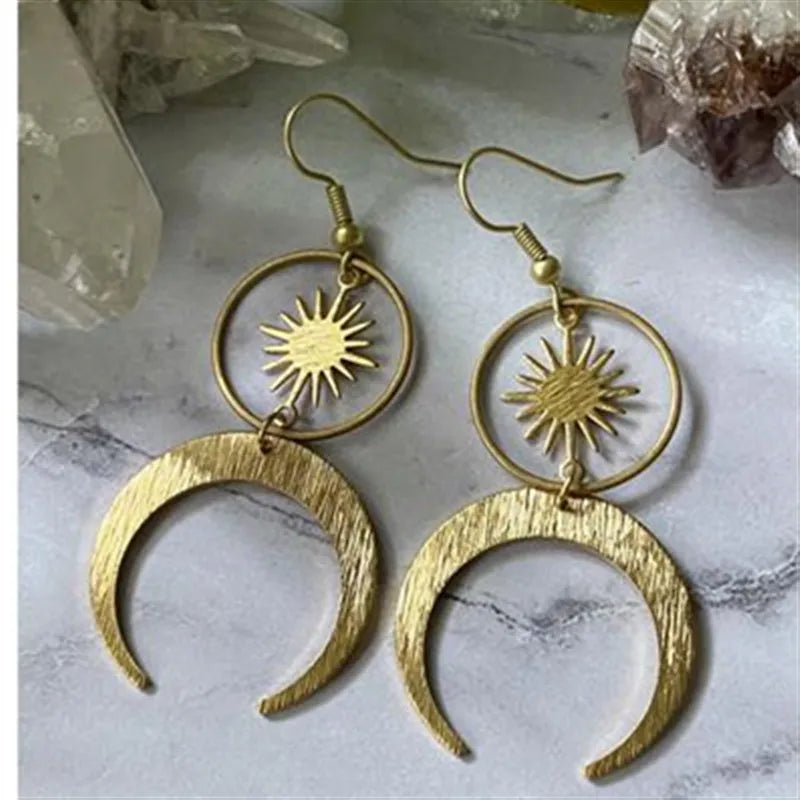 New Hippie Tribal Sun Crescent Earrings Brass Color Witchy Jewelry Bohemia Birthday Magical Clear Stone Point Women Fashion Gift