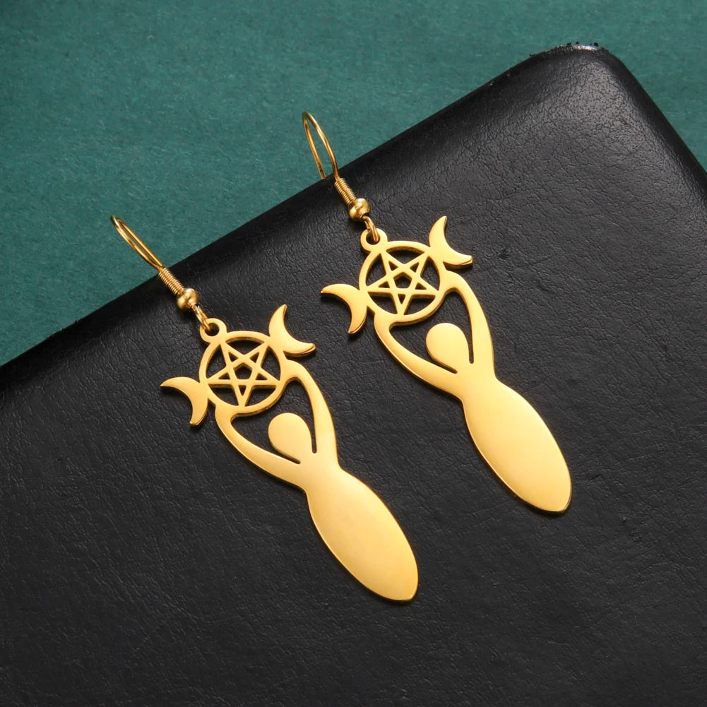 Dawapara Triple Moon Spiral Goddess Symbol Dangle Earrings Wiccan Pentagram Pagan Stainless Steel Women Jewelry