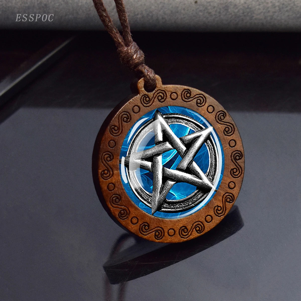 Triple Moon Goddess Glass Necklace Wood Pendant Wiccan Pentagram Necklace Vintage Magic Sign Jewelry Dropshipping