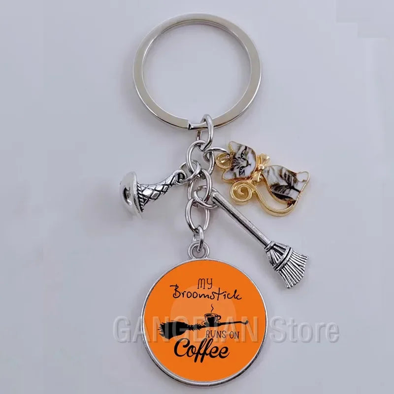 DIY Halloween Keyring Witchy Witchcraft hat Keychain Cat Key Chains Gothic Broomstick Charms Gift For Witch Lover Jewlery