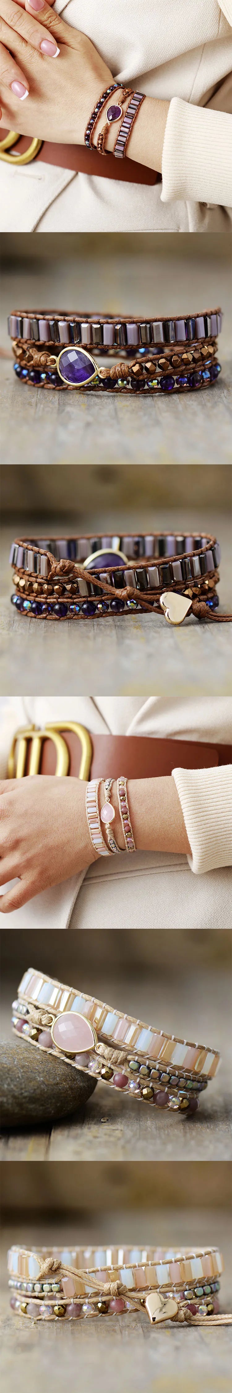 Healing Crystal Waterdrop Center Stone Wristband Vegan Wrap Bracelet Handmade Girls Spiritual Anxiety Jewelry