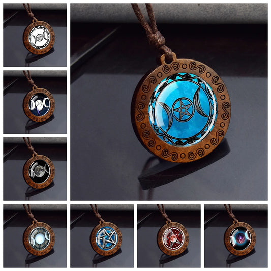 Triple Moon Goddess Wood & Glass Necklace