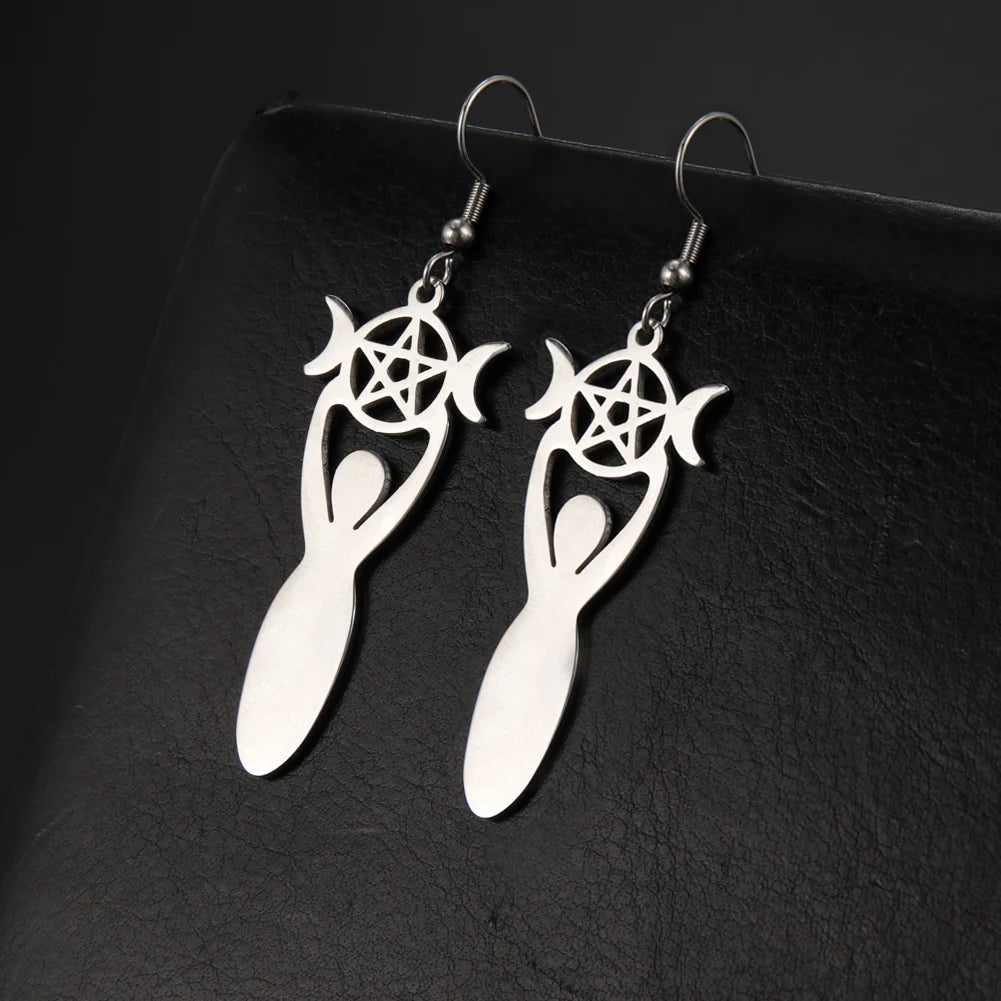 Dawapara Triple Moon Spiral Goddess Symbol Dangle Earrings Wiccan Pentagram Pagan Stainless Steel Women Jewelry