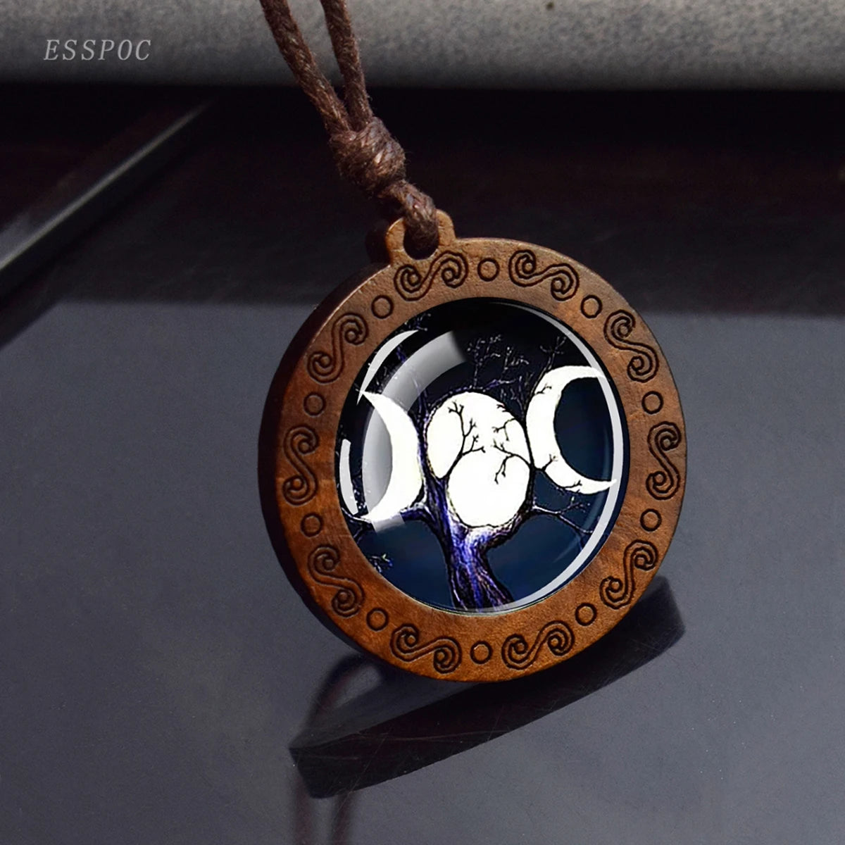 Triple Moon Goddess Glass Necklace Wood Pendant Wiccan Pentagram Necklace Vintage Magic Sign Jewelry Dropshipping