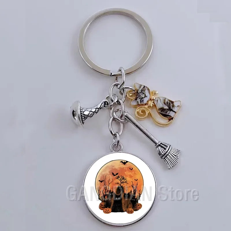 DIY Halloween Keyring Witchy Witchcraft hat Keychain Cat Key Chains Gothic Broomstick Charms Gift For Witch Lover Jewlery