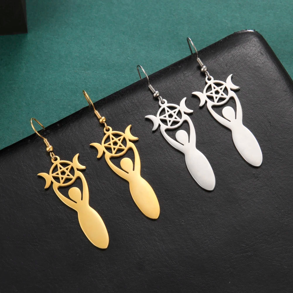 Dawapara Triple Moon Spiral Goddess Symbol Dangle Earrings Wiccan Pentagram Pagan Stainless Steel Women Jewelry