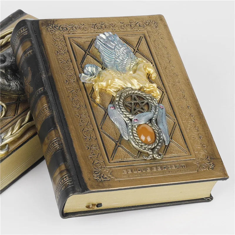 Retro Magic Notebook 3D Relief Sculpture Flying Horse Pentagram Inlaid With Natural Crystal Stone Thickened Multi Page Notebook