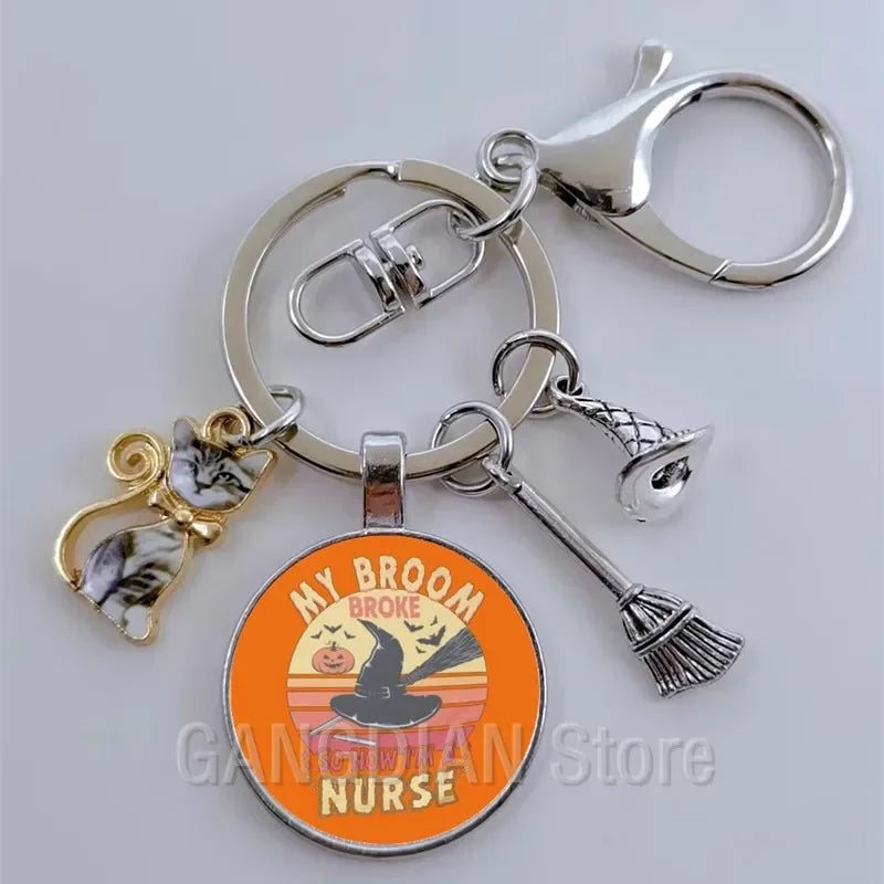 DIY Halloween Keyring Witchy Witchcraft hat Keychain Cat Key Chains Gothic Broomstick Charms Gift For Witch Lover Jewlery
