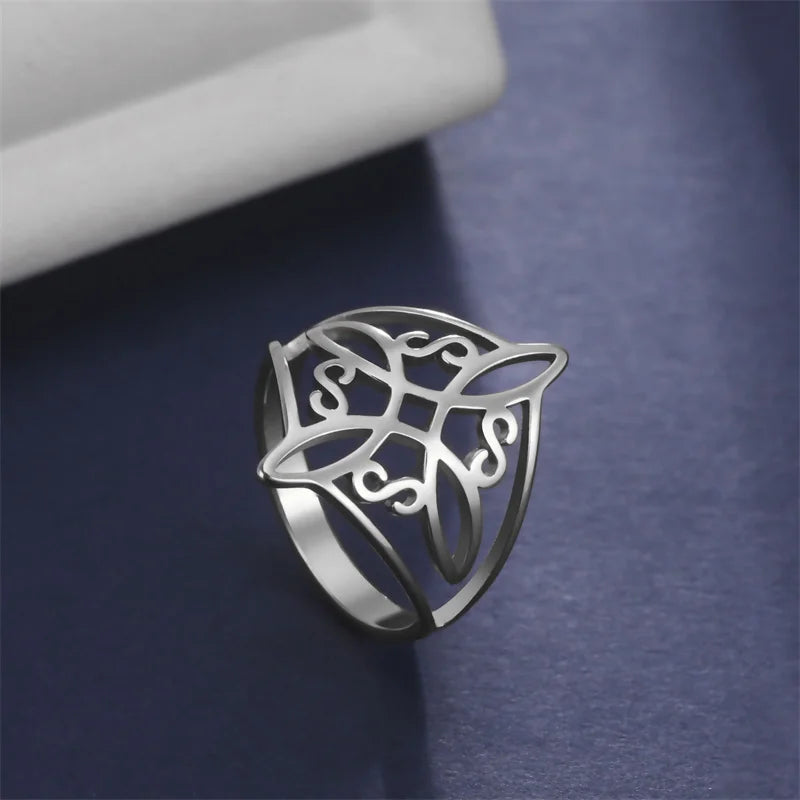 Witch Knot Stainless Steel Ring for Women Wiccan Cross Celtics Knot Rings Witchcraft Good Luck Protection Amulet Jewelry Gifts
