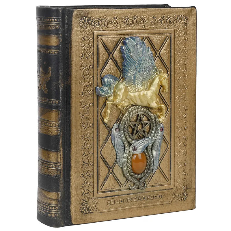 Retro Magic Notebook 3D Relief Sculpture Flying Horse Pentagram Inlaid With Natural Crystal Stone Thickened Multi Page Notebook