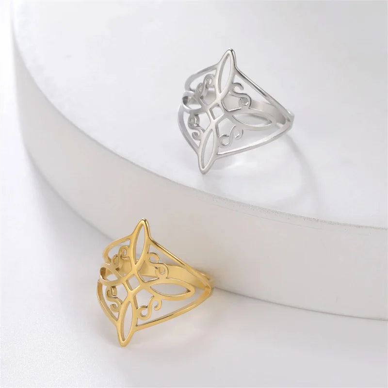 Witch Knot Stainless Steel Ring for Women Wiccan Cross Celtics Knot Rings Witchcraft Good Luck Protection Amulet Jewelry Gifts