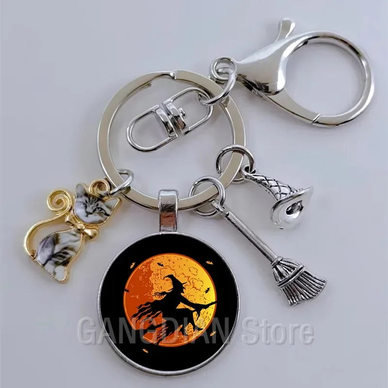 DIY Halloween Keyring Witchy Witchcraft hat Keychain Cat Key Chains Gothic Broomstick Charms Gift For Witch Lover Jewlery