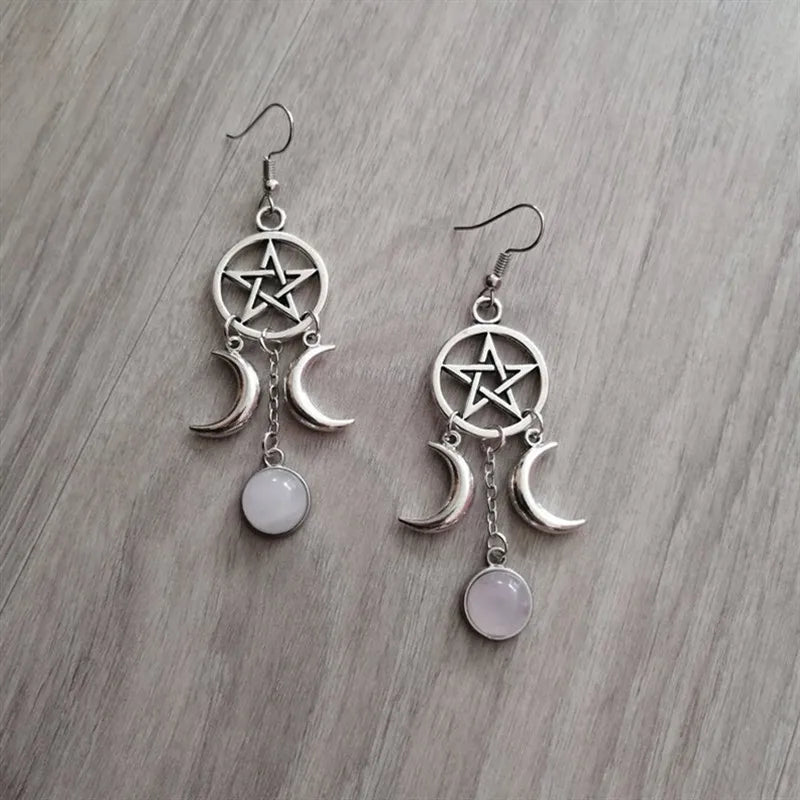 Pentagram Crescent Moon Rose Stone Earrings Natural Stone Wicca Witchy Creative Gorgeous Wedding Pagan Gothic Women Gift Fashion