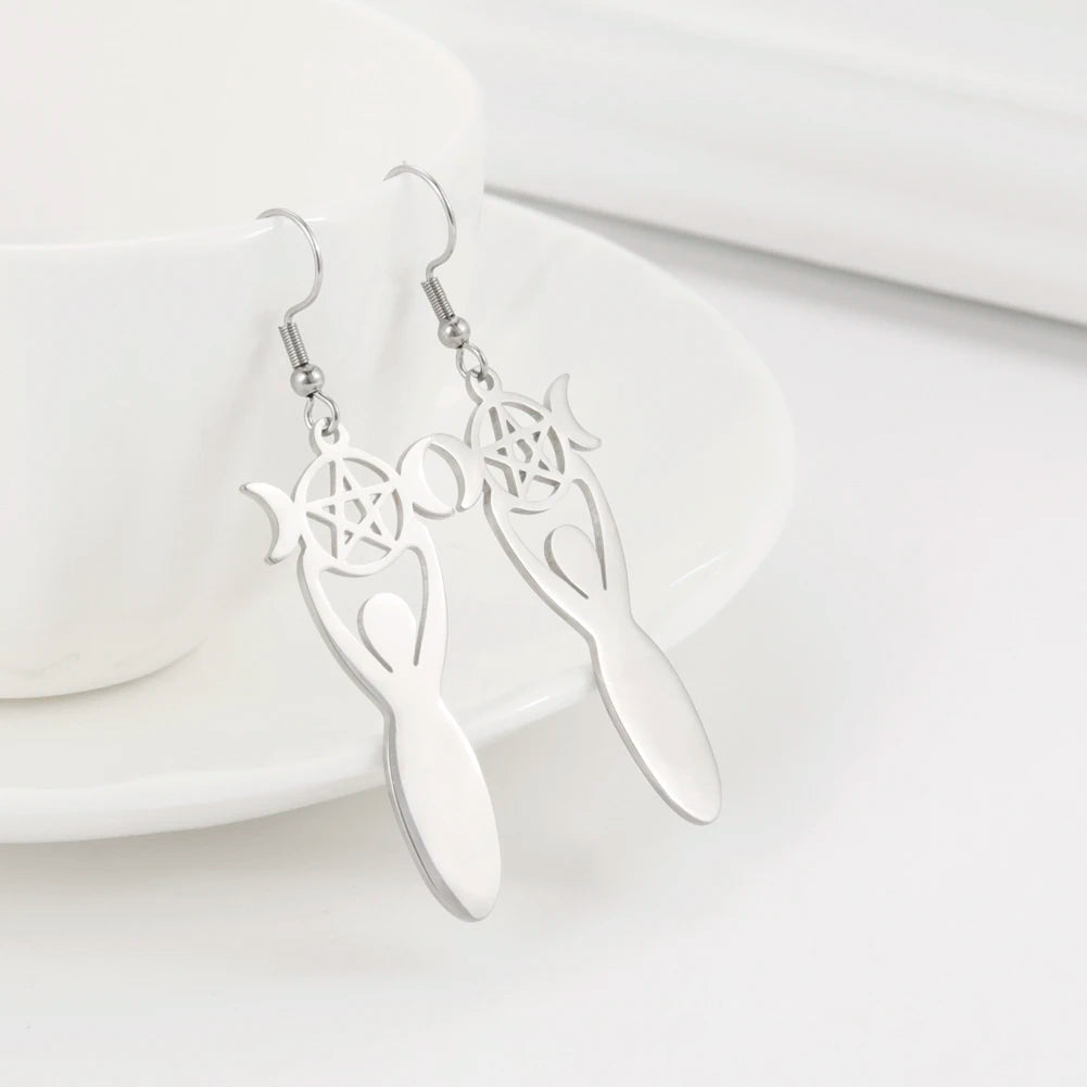 Dawapara Triple Moon Spiral Goddess Symbol Dangle Earrings Wiccan Pentagram Pagan Stainless Steel Women Jewelry