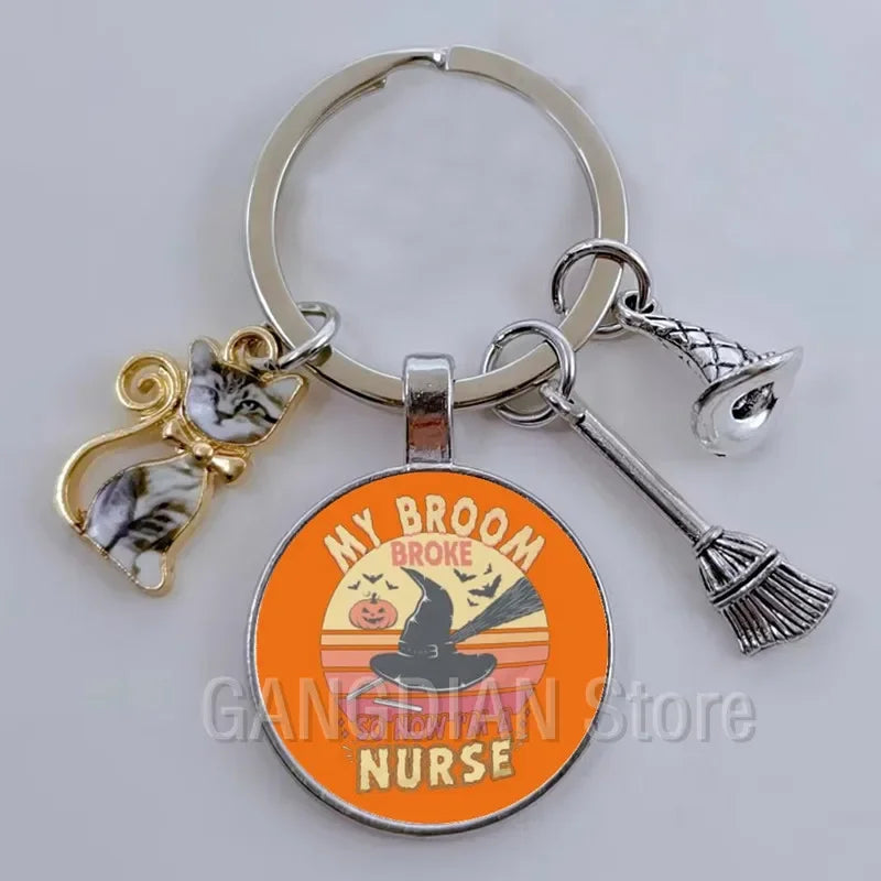 DIY Halloween Keyring Witchy Witchcraft hat Keychain Cat Key Chains Gothic Broomstick Charms Gift For Witch Lover Jewlery