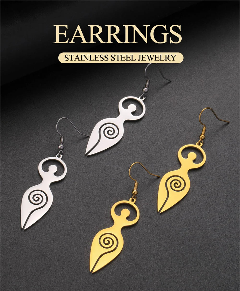 Dawapara Triple Moon Spiral Goddess Symbol Dangle Earrings Wiccan Pentagram Pagan Stainless Steel Women Jewelry