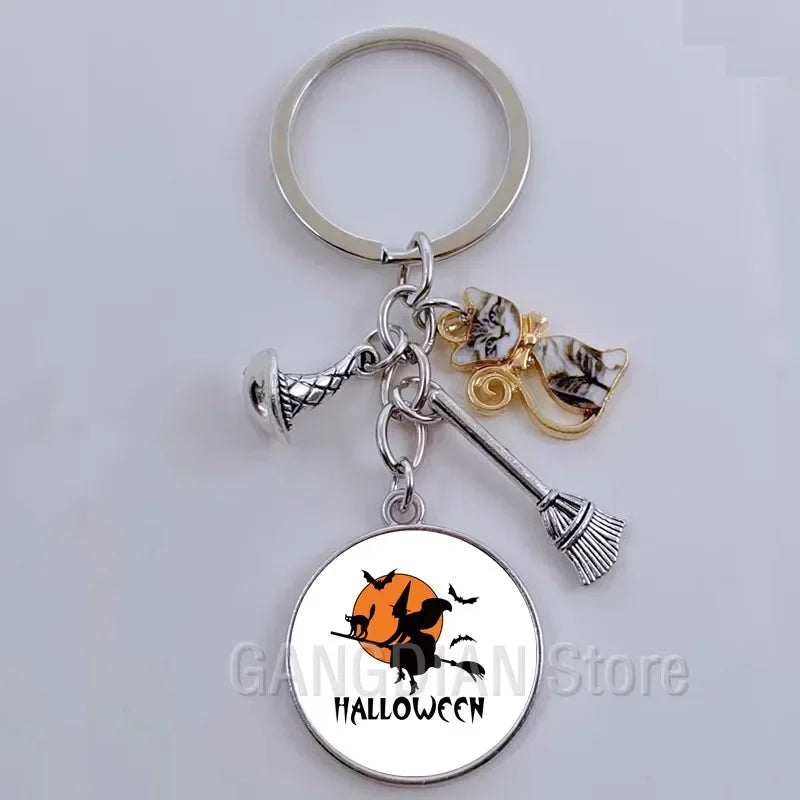 DIY Halloween Keyring Witchy Witchcraft hat Keychain Cat Key Chains Gothic Broomstick Charms Gift For Witch Lover Jewlery