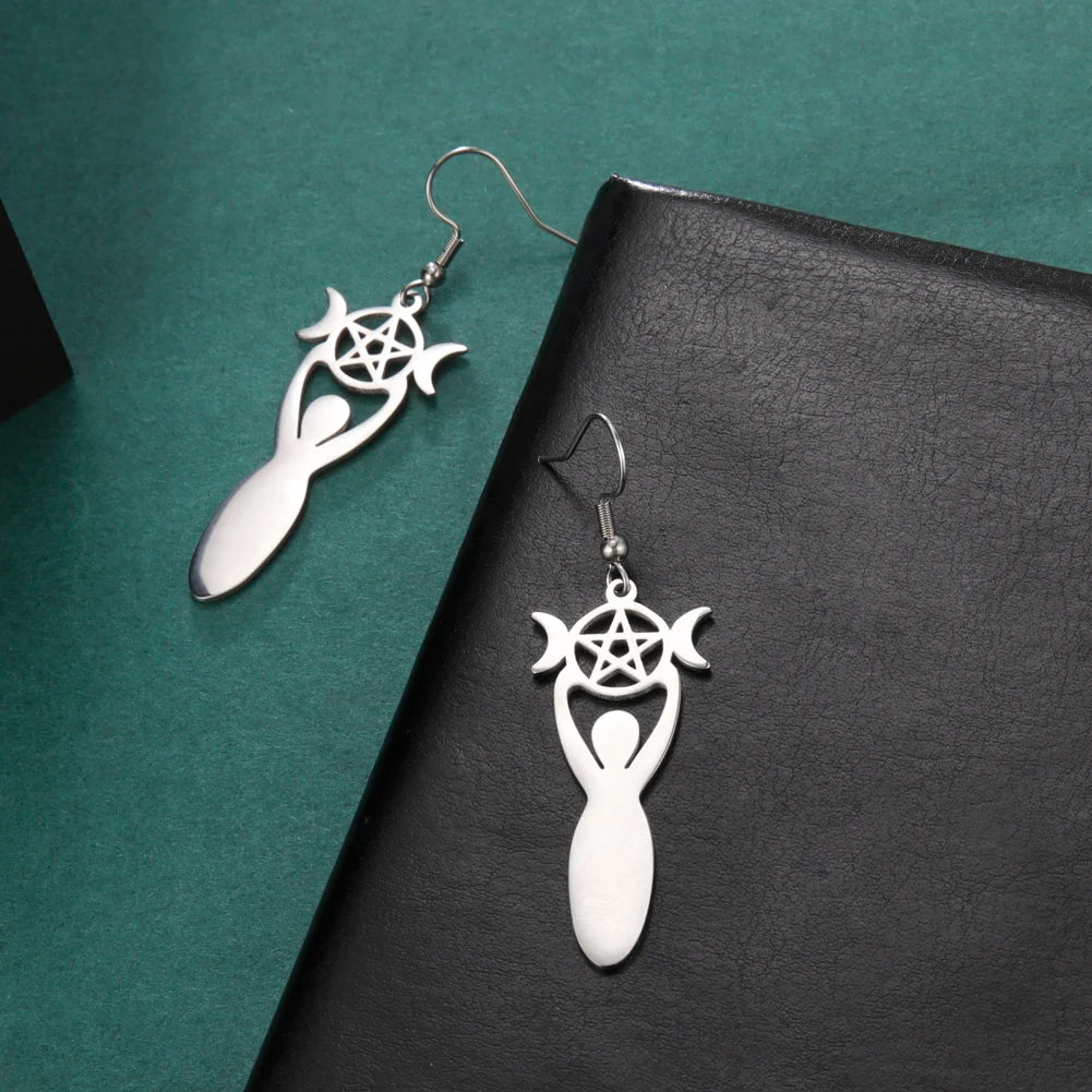 Dawapara Triple Moon Spiral Goddess Symbol Dangle Earrings Wiccan Pentagram Pagan Stainless Steel Women Jewelry